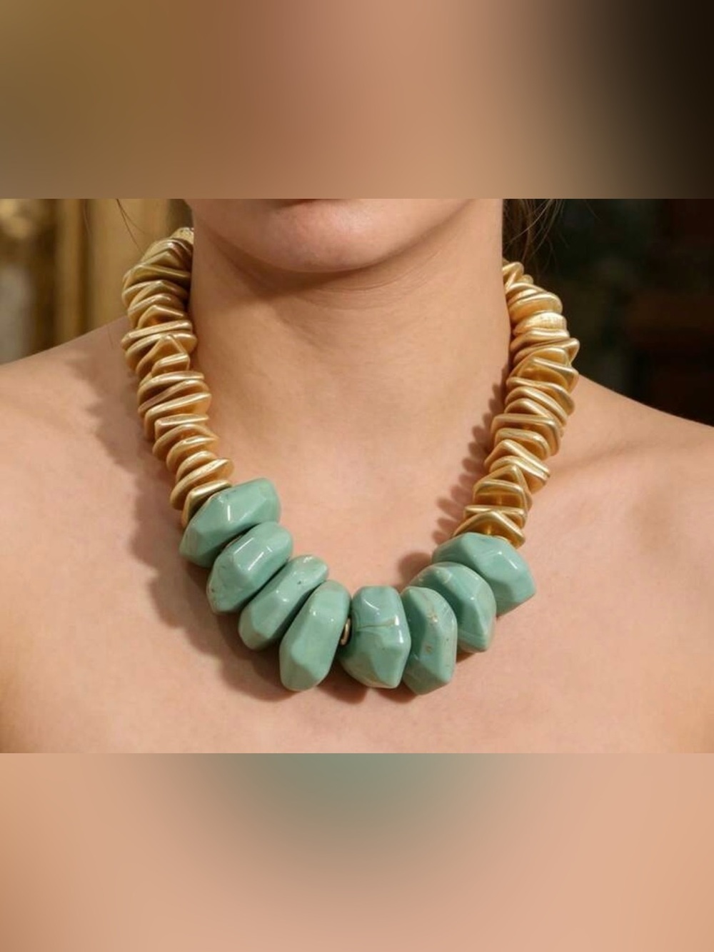 Gold and Aqua Statement Bead Necklace - Women Jewelry